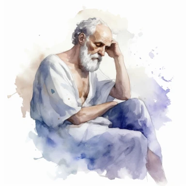 An inspiring watercolor clipart illustration featuring a Greek philosopher, capturing the essence of wisdom and intellectual pursuit. This clipart artwork portrays a philosopher in a serene and contemplative pose, reflecting their deep thoughts and philosophical insights. The watercolor medium adds a soft and ethereal quality to the illustration, with gentle brushstrokes and subtle washes of color that evoke a sense of introspection and enlightenment. The earthy tones and warm hues create a harm