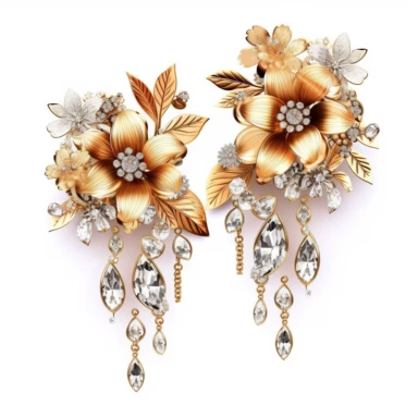 jewellery gold earrings with diamonds, flowers digital clipart on white background