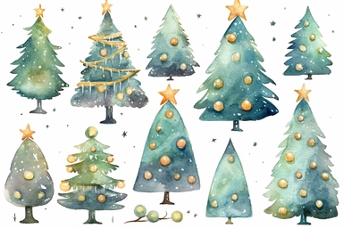 christmas tree and ornaments clipart illustration, in the style of textured pigment planes, whimsical watercolor, watercolor illustrations, commission for