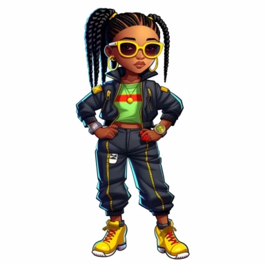 cartoon illustration of a cute black little girl, wearing nike air jordan shoes, wearing a green, yellow and red fly 90s outfit, large hoop earrings, sunglasses, clipart, white background