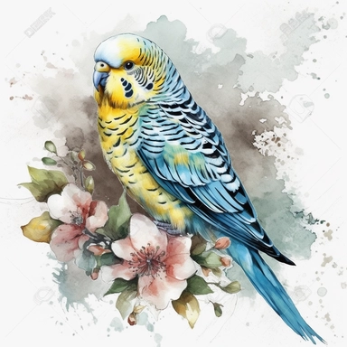 budgie bird, colourful, watercolour, isolated solid background, pretty, floral, clipart, include branch and flowers--no watermark, text, words, paintbrush, typography