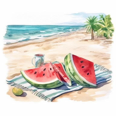 watercolor watermelon picnic on the beach on a beach towel, waves in the background, beautiful, summer, white background, clipart