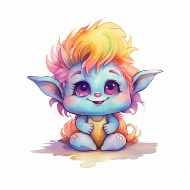 Watercolor adorable cute Troll clipart on a white background in the style of chibi feminine sticker art, Tanya Shatseva, storybook illustration, mysterious and unique tones, Georgia O'Keeffe, colored line art, colored outlines, cottagecore design, watercolor on white background, ombre, warm tones, colored line art, colored outlines, iridescent ombre, gradient shading, pixar style troll, vibrant digital art oil paint photorealism, an illustration of a colored flower, meticulous sketches, Magali V