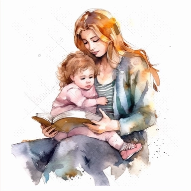 watercolor style, female book lover clipart, holding a little baby girl crying, isolated on white background, 4K