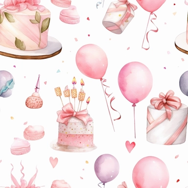A cute collection on white with margins of birthday icon birthday cake, balloons, hearts, flowers, presents, watercolor, vector, clipart, elaborate, ultra - detailed, soft colors, rose gold and pink high definition, UHD