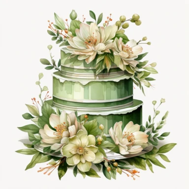 Green wedding cake, high level watercolor, hyper realistic cartoon, white background, 8k, ultra detailed clipart