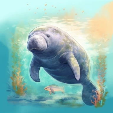 A Florida Manatee in the blue water, sunset clipart, underwater plants, hyper realistic, detailed, pastel watercolor style, 8k
