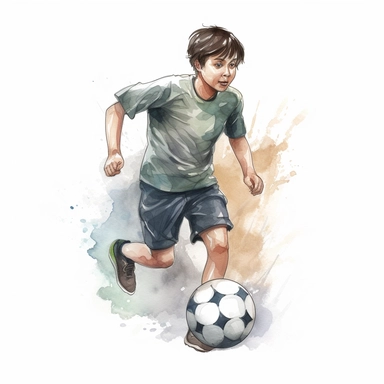 Watercolour of a teenage boy playing football , Clipart,Cartoon,hyper realistic, intricate detail isolated on a white background, high quality, sublimation, detailed, cartoon style