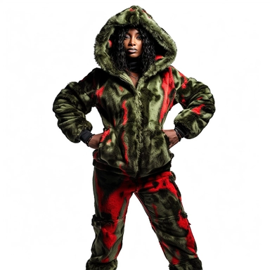 clipart Black woman model pose wearing red black forest green army style camouflage fatigues fur hood sweat suit white background