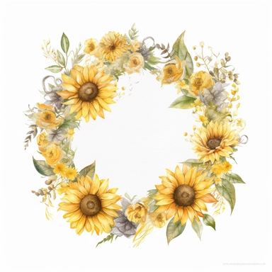 watercolor sunflower wreath on white background, in the style of muted and subtle tones, intricate floral arrangements, uhd image, subtle realism, asymmetrical framing, fawncore, wedding clipart, floral accents, no background