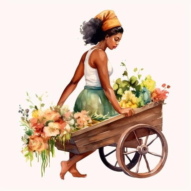 watercolor black woman pushing a wheel barrel full of flowers clipart