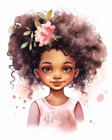 a little afro girl portrait in watercolor Disney style clipart on white background, hugh eyes, sarah kay, holly hobbies, valentines day