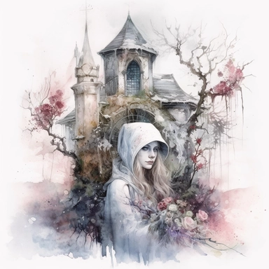 isolated on white illustration watercolor Biochromism art of a beautiful witch, white and light pink roses and flowers, covered with snow and ice, a lot of moss and branches, old house, trees, lace and embroidery, masterpiece by Tomasz Alen Kopera style and by Carl Holsoe style and by Hannah Dale style and by Alexander Jansson style, PNG clipart, isolated on white, white background, extreme photorealistic details, 32k HD resolution, realistic high detailization high resolution
