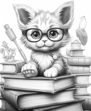 cartoon kitten with glasses sitting on books clipart illustration coloring pages, in the style of highly detailed realism, alson skinner clark, cluj school, david yarrow, jeremiah ketner, science-based, precisionist lines