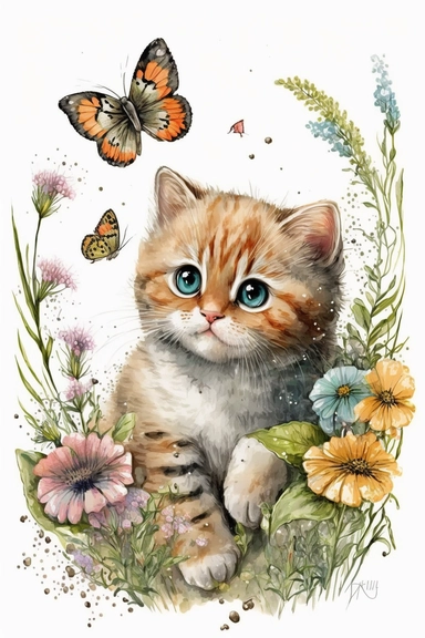 Adorable chaton jouant avec papillon et fleurs : Clipart aquarelle,réalisé félin mignon, utilisation commerciale, 300 DPI, Art mural, fabrication de cartes,