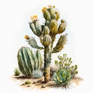 watercolor art, stunning desert cacti clipart featuring a single majestic cactus, set against a pristine white background, highlighting its natural beauty and elegance. no text, no caption