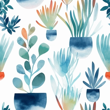 seamless pattern, colorful abstract pot plant, modern art, light blue colors, watercolor clipart, white background, minimalist, abstract, simplistic
