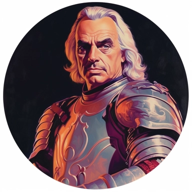 Arthur Sarnoff's character portrait circular tondo depicting a uniformed knight, Boris Vallejo Mike Allred Josh Kirby, clipart illustration, circular solid background circular border