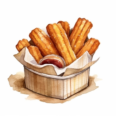 an enchanting watercolor, hyper-realistic clipart image with a white background and white margins, featuring a box of fresh and warm churros. The ultra-detailed, hand-drawn elements capture the ridged texture and golden color of the churros. Use whimsical touches to add a sense of delight, and bold shades of brown to evoke the sweet and doughy deliciousness of this fast food dessert.