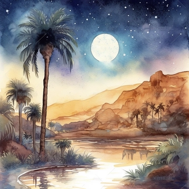 clipart style, watercolor scene of A dreamlike depiction of an Enigmatic Desert Oasis, with a backdrop of a star-filled night sky. The moon illuminates a lush oasis, surrounded by towering palm trees. A camel rests peacefully near the water, creating a sense of serenity and discovery in this hidden desert sanctuary, HD, on white background