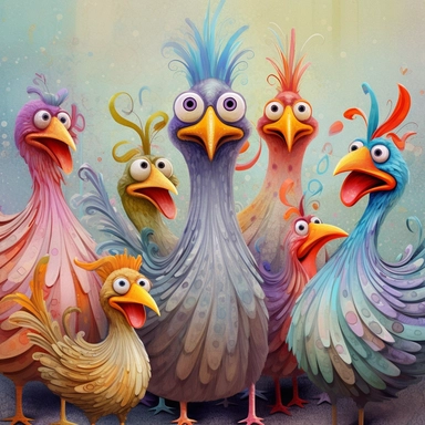 Whimsical magical wacky chickens, in a barnyard, muted colors, swirls, twists, twirls, metallic, glitter, stylized, funny, centered, airbrushed, digital oil, detailed illustration, clip art, cartoon, 8k,-- ar 9:8
