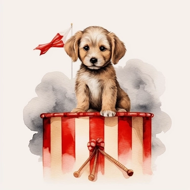 cute puppy circus safari watercolor illustration, in the style of watercolor illustrations,ben wooten style, sharp focus throughout, aquarellist, charming illustrations, illustration, painted illustrations, transparency and opacity,isolated white background, clipart most popular on etsy, book illustration, featured on dribble,print on demand image, PNG tranparent background,composition medium shot, no text