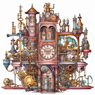 Clipart. White background: In a bustling workshop adorned with shelves of magical artifacts and complex machinery, a collection of whimsical steampunk contraptions takes center stage. Gears, cogs, and valves intertwine with enchanting symbols, infusing the mechanical devices with the power of magic. The foreground showcases the intricate details and fantastical designs of the contraptions, each one uniquely crafted and powered by the whimsical fusion of magic and steampunk aesthetics. The backgr