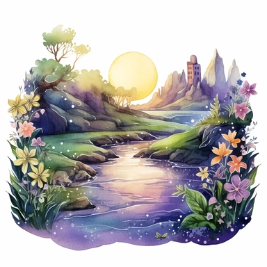 cartoon fairy glen by the River, grass and flowers line the sides if the river, glowing lights and sparkles, colors of green purple gold and blue, glamorous realistic and detailed, watercolor, white background with margins, clipart style