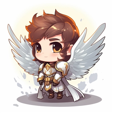 zeeb labs art style boy, angel knight, tiny chibi body with white armor, crown, lighting, armored wings, smerk, super long cape, smile, clipart, sticker, no background, hd