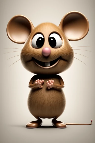 no text, 3d whole body clipart of a smiling, friendly mouse, cartoon network style, friendly face, head unproportionally bigger than body, detailed body shape, front shot, insanely big shiny eyes, caricatured face, insanely glossy, plastic like fur and skin, light background, unrealistic, 8k photography, cinematic, super cute face, Photography, Ultra-Wide Angle, Depth of Field, hyper-detailed, beautifully color-coded, insane details, intricate details, Unreal Engine, Cinematic, Editorial Photogr