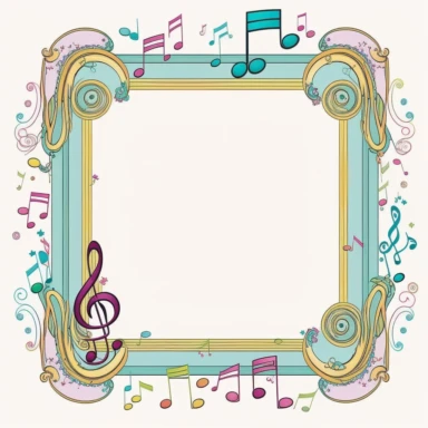 musical border frame, cute music border, clipart frame border, cute, vector image, white background, partially colored, coloring book style, cartoon, childish, pink, periwinkle, lite blue, teal, purple, golden, gold color, black and white, coloring book, simple, line art, character, white background,