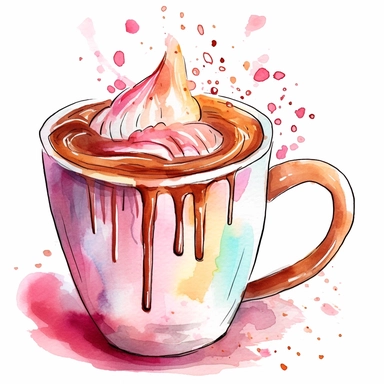 Capture the joy and warmth of a cozy beverage with this watercolor clipart of a hot chocolate cup. The vibrant colors and loose brushstrokes create a lively and energetic atmosphere. The cup brims with chocolatey goodness, and playful splashes of color surround it, representing the joyful experience of sipping a delicious cup of hot cocoa. This watercolor clipart exudes happiness and delight, making it a perfect addition to designs that aim to convey a sense of joy and celebration.