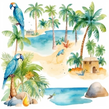 Tropical island beach clipart set isolated on white, watercolor, turquoise, blue parrot, - - no photograph