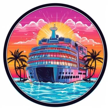 a design of a fun cruise vacation, include cocktails and music, enclosed in a circle, emblem, vector, clip art, simple, surreal, rgb, vibrant