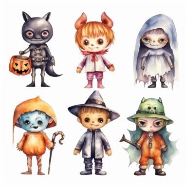 Watercolor Cute Halloween characterset: Bat, Ghost, Frankenstein, Dracula, Jack-o-Lantern, Mummy, Zombie, Witch, Grim Reaper Clipart hd, isolated on white background