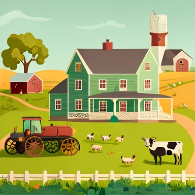 farm house cartoon, farm house with animals, farm house in front of animals, farm house with tractor, clipart, hand drawn, farm style, agriculture, green grass farm house, green grass area, farmhouse with agriculture, farm animals , light colors