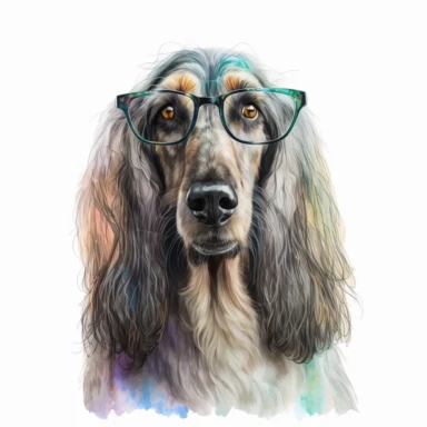 a watercolor painting of a Afghandog Hound COOL with glasses, clipart, white background