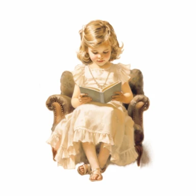 victorian vintage adorable little girl reading book, full body, pastel beige colors, clipart style, oil painting technique, super high quality, professional watercolor clipart, high resolution