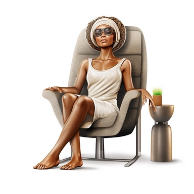 illustration clipart of latina african american woman sitting with clay face mask on, sitting in a spa chair, hyperrealistic, white background