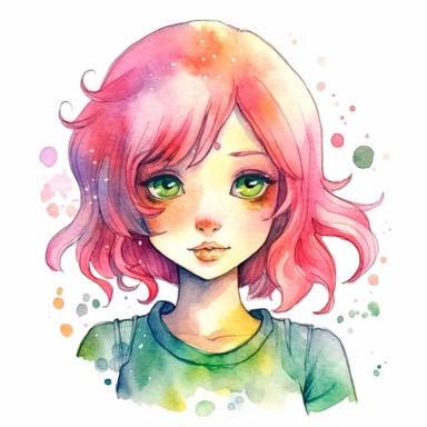watercolour clipart of a girl with pink hair , green eyes, she is the catalyst for her group shared common dreams, binding the girls together. She is direct, occasionally sharp-tongued, and highly empathetic. With a heart full of compassion, she never hesitates to lend a helping hand to anyone in need. She`s dedication to their craft is unparalleled, make her smiling, exalted mood, white background, 8k, f1