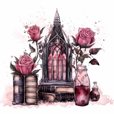 Gothic style books with watercolor effect, suitable for digital clipart, white background, gothic pink scene, gothic colors, gothic tools, gothic roses, dark scene, twinkles