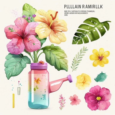 summer Illustrations, water festival , hibiscus flower, Floral Bouquet, colorful plastic water gun, Planner Graphics, Cheerful Colors, Hand-Drawn Art, Botanical Clipart, Watercolor Elements, single design, 8k