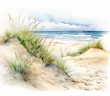 watercolor of the beach and dune clipart, in the style of nature-inspired imagery, hand-drawn animation, uhd image, bec winnel, lush and detailed, layered composition, jacek malczewski, white background