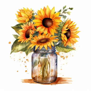 Cute Beautiful Sunflower in jar Watercolor Sublimation Clipart,Cartoon, hyper realistic, intricate detail, illustration style,high solution,on the white background