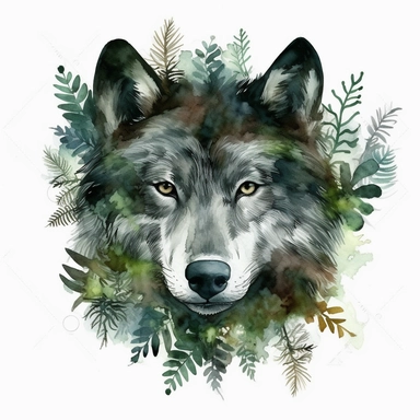 highly detailed glossy watercolor clipart,wolf head surrounded by green ferns, on white background