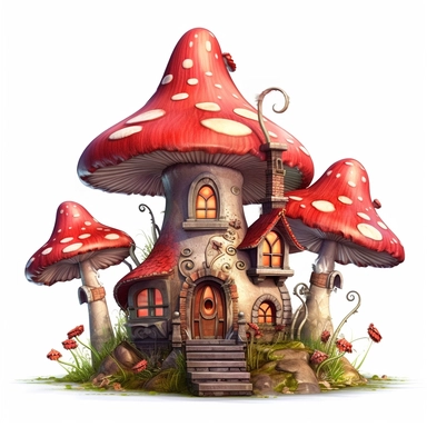 clipart, shades of red and brown fairy mushroom house isolated on a white background, intricate details, vector, pastel colors, realistic, 3D, no shadows