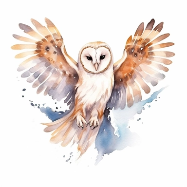 watercolor clipart of celestial flying barn owl, on white background