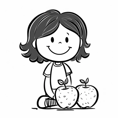 cute happy stick figure clipart about a girl stick figure, eating an apple, isolated, only black lines, low details, oneline art, white background,