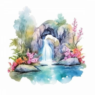 Clipart, isolated on white background, beautiful cute Watercolor Spring waterfalls through the stones, forest woodland nature landscape scenery, plants and flowers, ornated, pastel colors