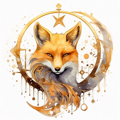 clipart watercolor creepy magical gold fox with crescent moon and stars, black white gold colors, fantasy, detailed, white background, illustration painting, collaged constructions, digital art, in the style of sculptural and geometric, forced perspective drawings, Geometric brushstrokes form an intriguingly abstract, painterly figure